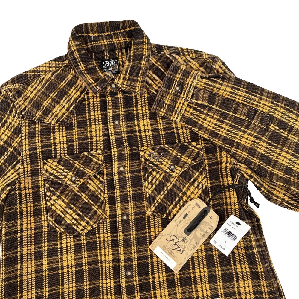 PRPS Heavyweight Plaid Flannel‎ PearlSnap Up Shirt Brown/Yellow Mens Small $228